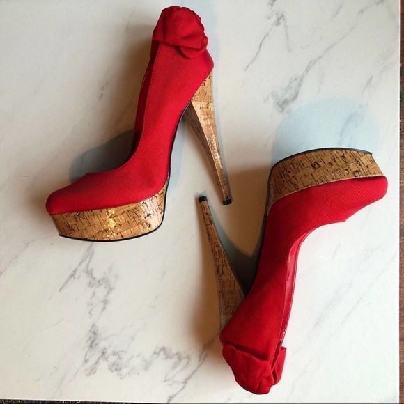 Bebe Stiletto High Heels Kahilia Ruby Red Size 8 Platform Cork Bow Formal - Picture 12 of 16